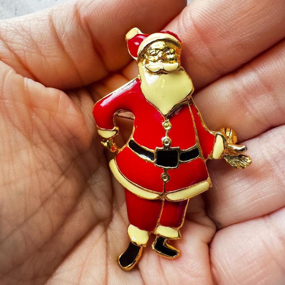 Vintage Enamel Santa Claus Brooch – Red & Gold – 2” – No Flaws